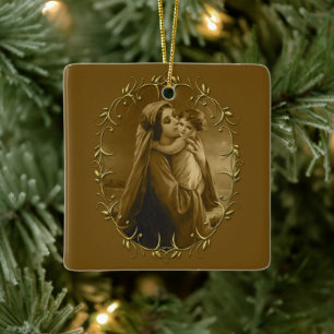 Virgin Mary with Child Jesus, Gold Border Design Ceramic Ornament