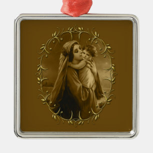 Virgin Mary with Child Jesus, Gold Border Design Metal Tree Decoration