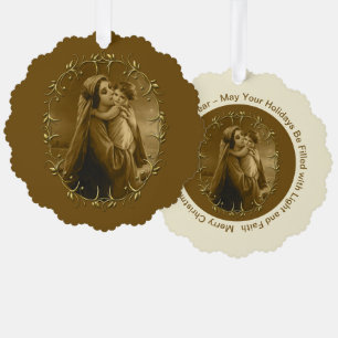 Virgin Mary with Child Jesus, Gold Border Design Tree Decoration Card