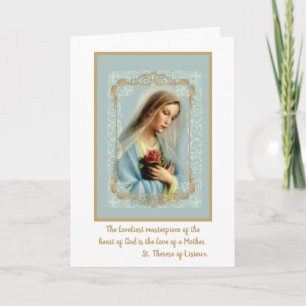Virgin Mary with Red Rose White Lace Gold Border Card
