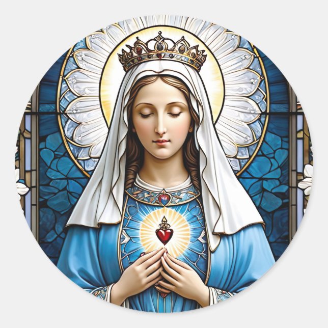 Virgin Mary with Sacred Hearth Stained Glass Classic Round Sticker (Front)