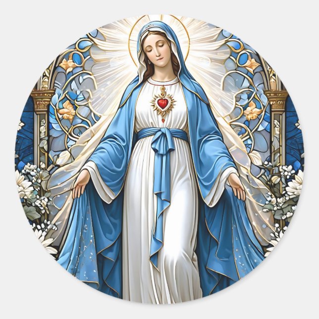 Virgin Mary with Sacred Hearth Stained Glass Classic Round Sticker (Front)