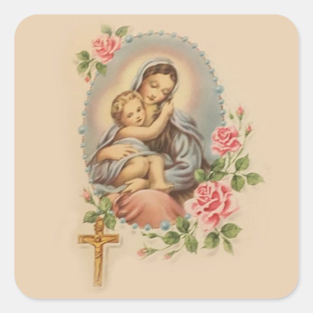 Virgin Mother Mary and Baby Jesus Rosary & Roses Square Sticker (Front)