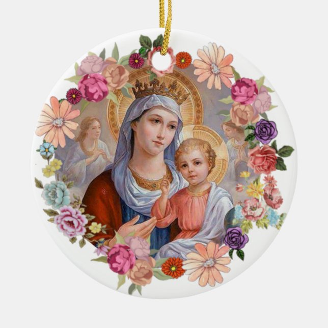 Virgin Mother Mary Crown Baby Jesus Angels Flowers Ceramic Tree Decoration (Front)
