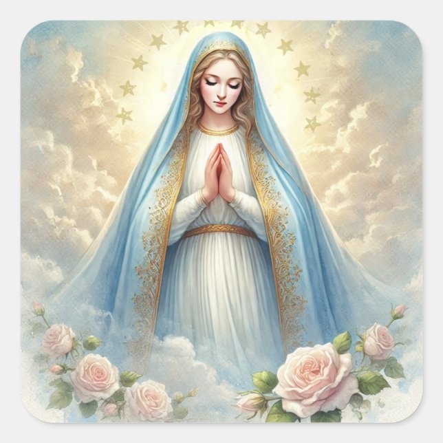Virgin Mother Mary Floral vintage Catholic Square Sticker (Front)