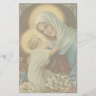Virgin Mother Mary with Baby Jesus Daisies Stationery