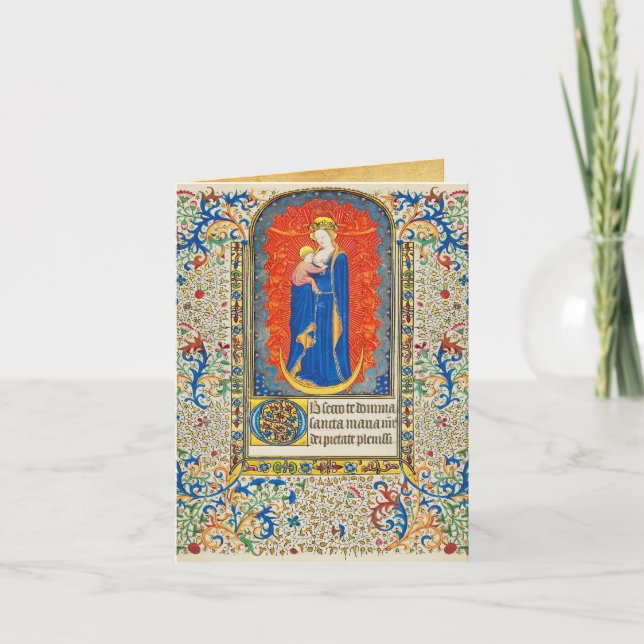 VIRGIN WITH CHILD AND ANGELS Antique Floral Swirls Holiday Card (Front)