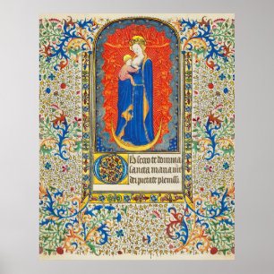 VIRGIN WITH CHILD AND ANGELS Antique Floral Swirls Poster