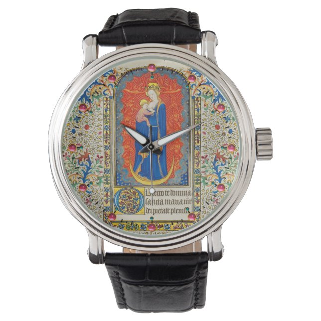 VIRGIN WITH CHILD AND ANGELS Antique Floral Swirls Watch (Front)