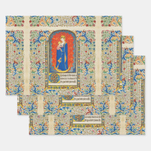 VIRGIN WITH CHILD AND ANGELS Antique Floral Swirls Wrapping Paper Sheet