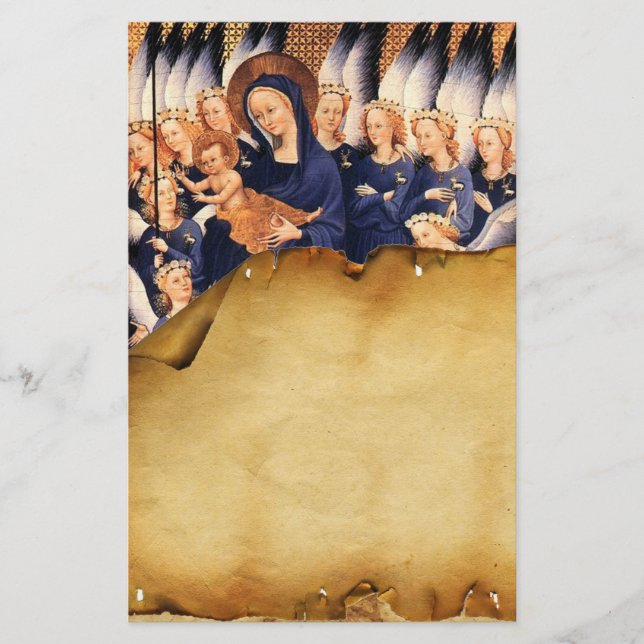 VIRGIN WITH CHILD AND ANGELS ANTIQUE PARCHMENT STATIONERY (Front)