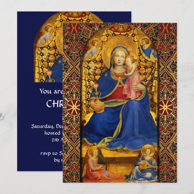 VIRGIN WITH CHILD AND ANGELS Blue Christmas Party  Invitation (Front/Back)