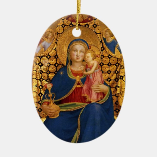 VIRGIN WITH CHILD AND ANGELS ,Blue Sapphire Gem Ceramic Tree Decoration (Front)