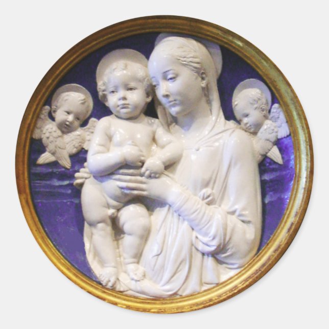 VIRGIN WITH CHILD AND ANGELS,Blue White Christmas Classic Round Sticker (Front)
