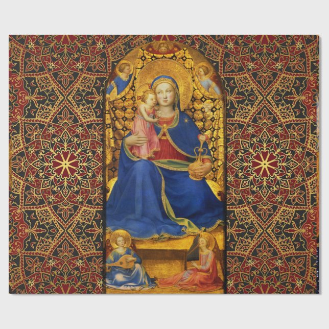 VIRGIN WITH CHILD AND ANGELS, Red Blue Gold Xmas Wrapping Paper (Flat)