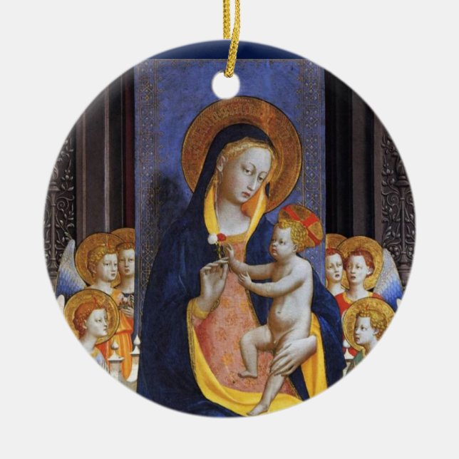 VIRGIN WITH CHILD AND SAINTS ,Blue Sapphire Ceramic Tree Decoration (Front)