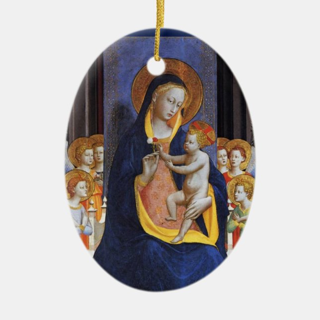 VIRGIN WITH CHILD AND SAINTS ,Blue Sapphire Ceramic Tree Decoration (Front)