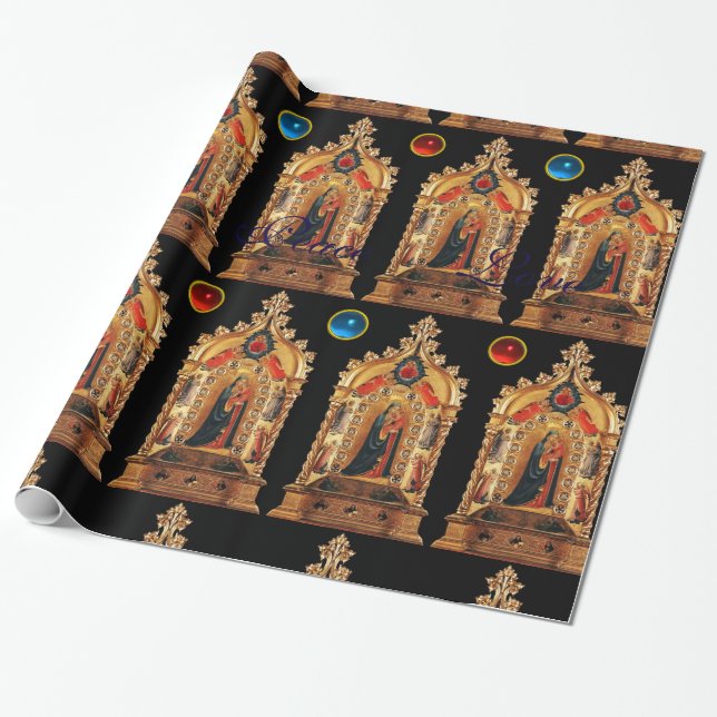 VIRGIN WITH CHILD,ANGELS,GEMSTONES,GOLD SACRED ART WRAPPING PAPER (Unrolled)