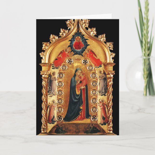 VIRGIN WITH CHILD,ANGELS GOLD SACRED ART Blue Gem Holiday Card (Front)