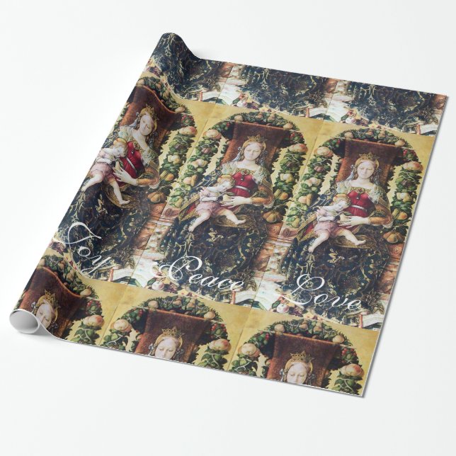 VIRGIN WITH CHILD CHRISTMAS JOY PEACE LOVE WRAPPING PAPER (Unrolled)
