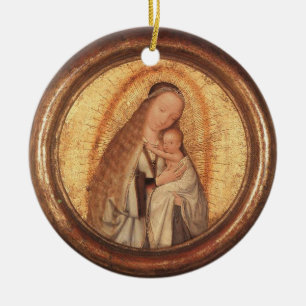 VIRGIN WITH CHILD GOLD AND RED RUBY CERAMIC TREE DECORATION
