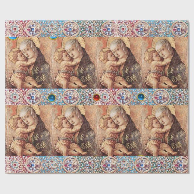 VIRGIN WITH CHILD ,RED BLUE GEMSTONES,WHITE PEARLS WRAPPING PAPER (Flat)