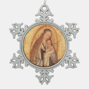 VIRGIN WITH CHILD SNOWFLAKE PEWTER CHRISTMAS ORNAMENT