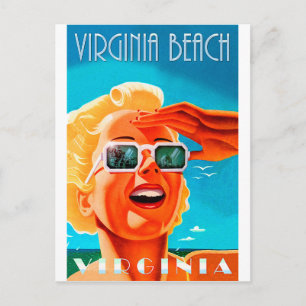 Virginia beach, blonde sunglasses woman, vintage postcard
