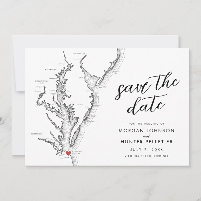 Virginia Beach Map Modern Wedding Save The Date (Front)