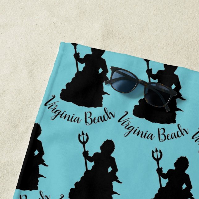 Virginia Beach VA Ocean Blue Neptune Statue Beach Towel (In Situ)