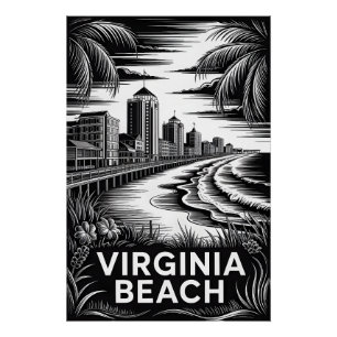 Virginia Beach Virginia Black White Woodcut Skylin Poster