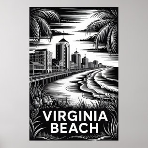 Virginia Beach Virginia Black White Woodcut Skylin Poster