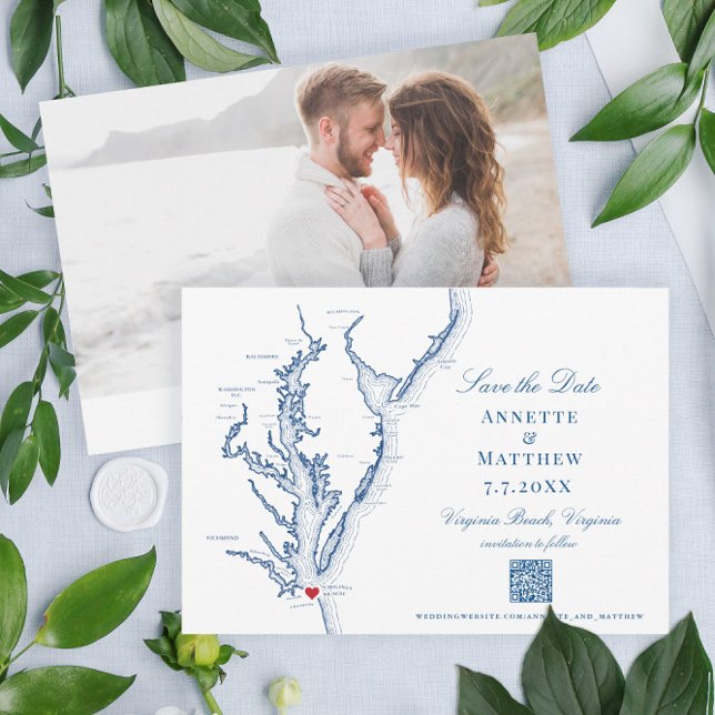 Virginia Beach Wedding Elegant Navy QR code Save The Date (These Virginia Beach Save the Dates are perfect for your destination wedding in Virginia)