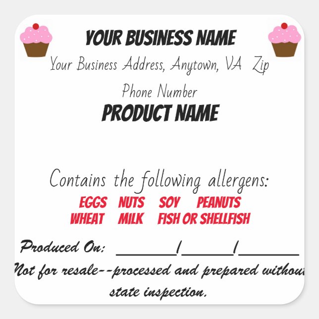 Virginia Cottage Law Food label sticker home baker (Front)