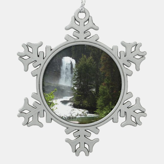 Virginia Falls at Glacier National Park Snowflake Pewter Christmas Ornament (Front)