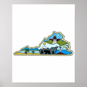 Virginia Map Chesapeake Charlottesville Lynchburg Poster