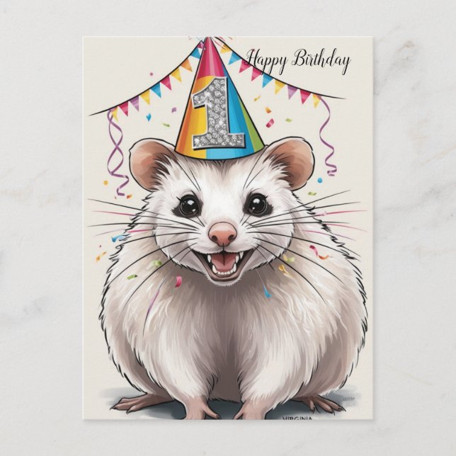 Virginia Opossum wearing birthday hat  Postcard (Front)