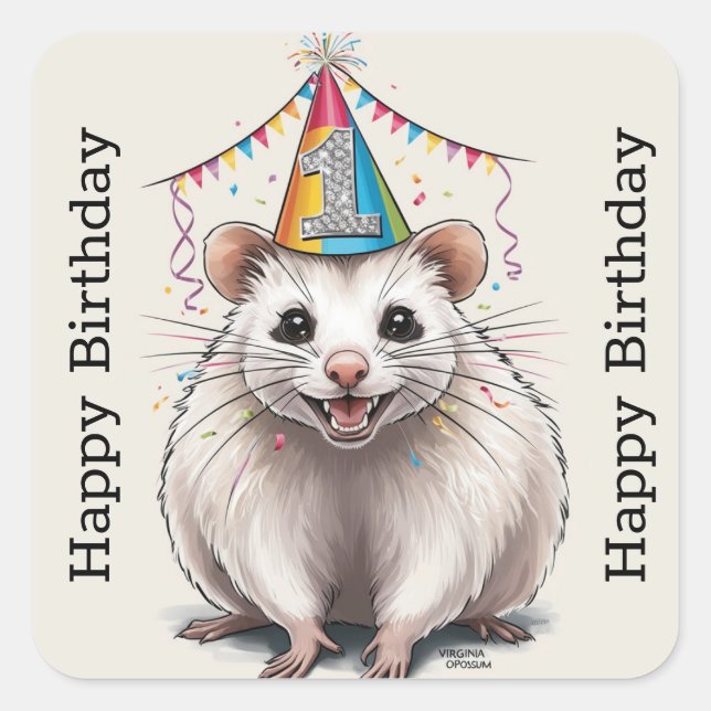 Virginia Opossum wearing birthday hat  Square Sticker (Front)