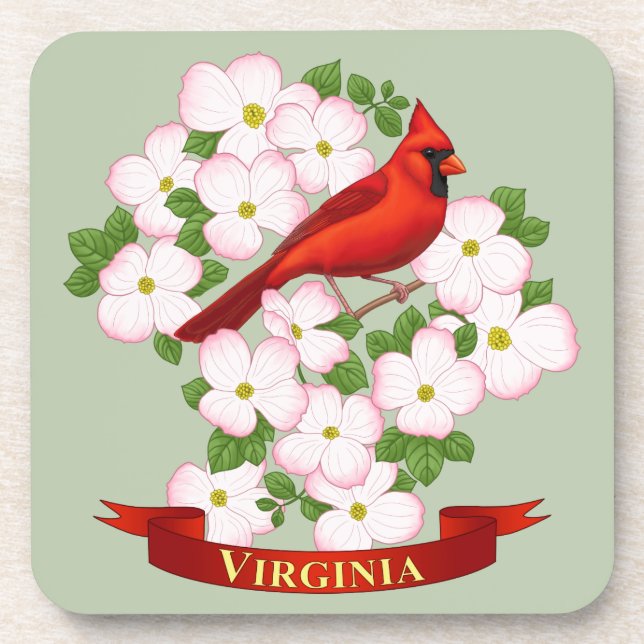 Virginia State Cardinal Bird and Dogwood Flower Coaster (Front)
