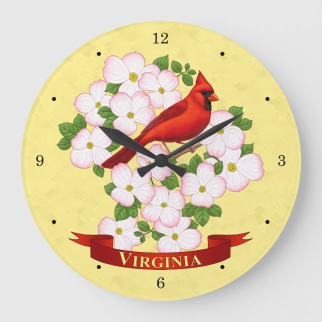 Virginia State Cardinal Bird and Dogwood Flower Large Clock (Front)
