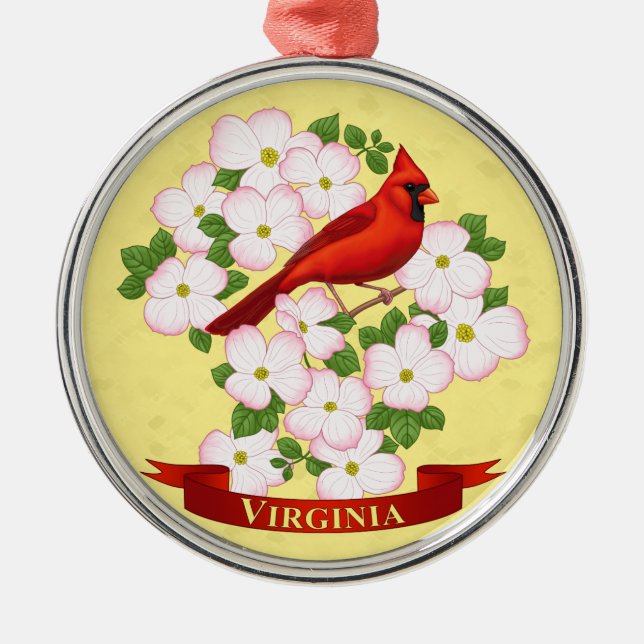 Virginia State Cardinal Bird and Dogwood Flower Metal Tree Decoration (Front)
