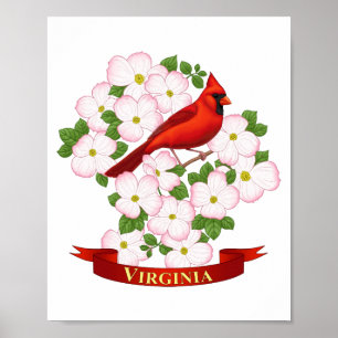 Virginia State Cardinal Bird and Dogwood Flower Poster