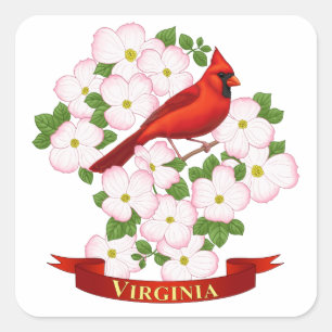 Virginia State Cardinal Bird and Dogwood Flower Square Sticker