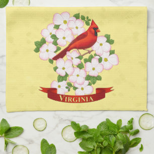 Virginia State Cardinal Bird and Dogwood Flower Tea Towel