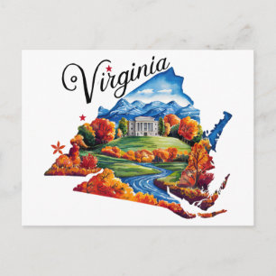 Virginia USA State Shaped Vintage Watercolor Postcard