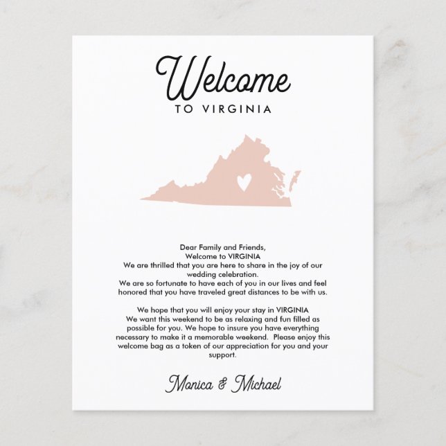 VIRGINIA  Welcome  Letter Itinerary ANY COLOR (Front)