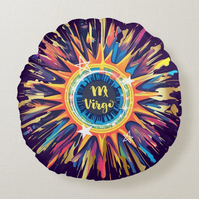 Virgo astrology birth sign zodiac psychedelic sun round cushion (Front)