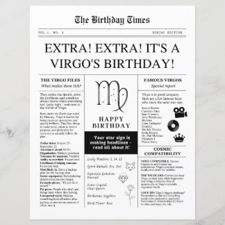 Virgo Birthday Newspaper, fun zodiac paper sheet