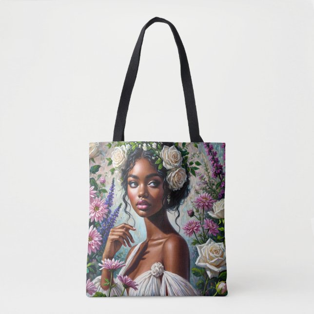 Virgo Black Woman with Roses and Chrysanthemums Tote Bag (Front)
