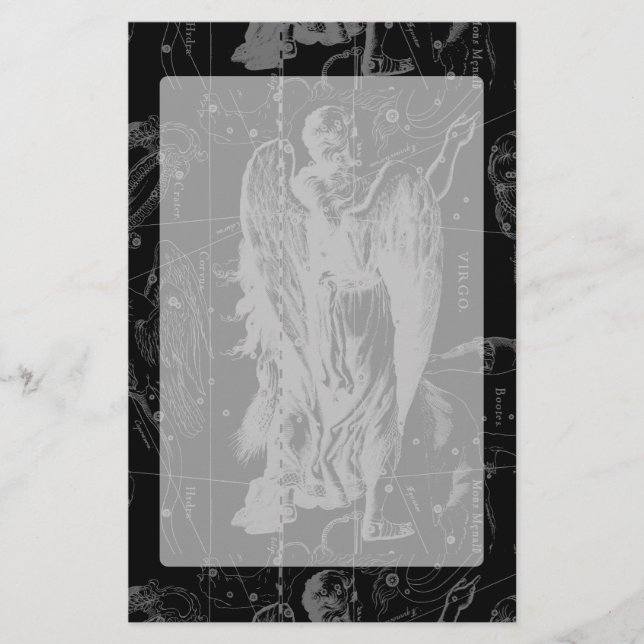 Virgo Constellation Hevelius 1690 on Black Stationery (Front)